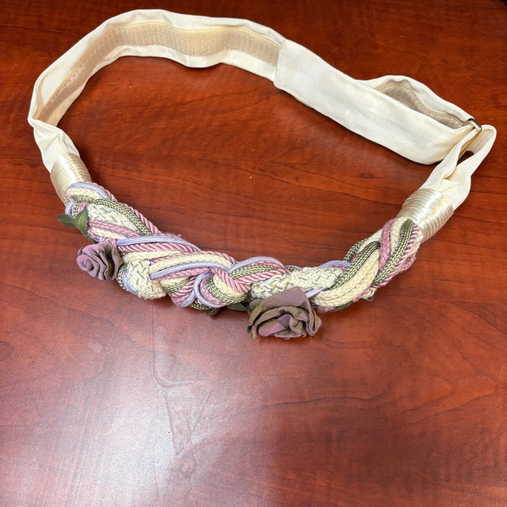 Vintage 80s 90s Braidedโ Floral Rope Belt Lavender Sage Rose Hook Loop 27.5in